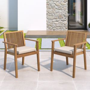 Patio Dining Chair Set Of 2 - Sturdy Acacia Wood, Comfortable Waterproof Seating, 400 Lbs Capacity, Brown Color Frame