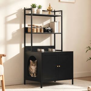 Meuble litière chat 57 po, 3 tablettes rangement, portes noir