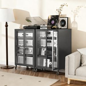 Meuble rangement média 35,8" roulettes 4 tablettes verre noir