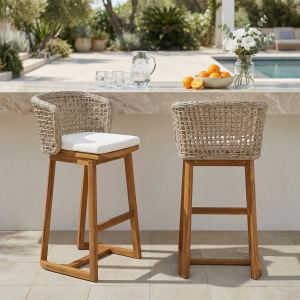 Tabourets bar acacia 2 pcs teak coussin beige osier clair hauteur comptoir