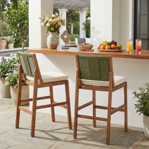 Tabourets de bar Acacia 2 pièces, teak, coussin crème