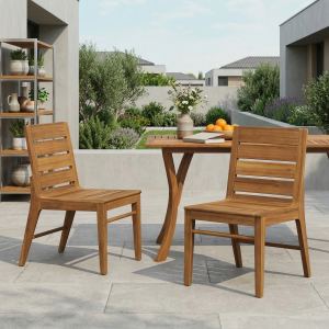 Chaise patio bois acacia ensemble 2 teinte teck dossier courbe