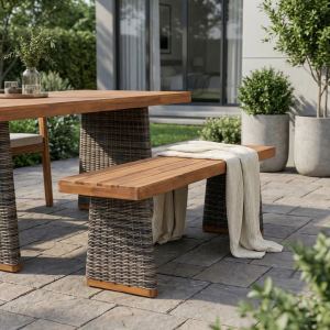 Banc bois acacia 1 pièce, fini teck gris osier