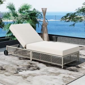 TREXM Chaise lounge extérieur rotin, dossier 5 positions, beige crème