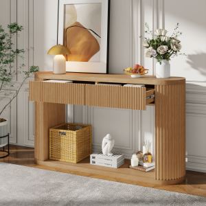 TREXM  Oval Fluted Console Table With 2 Drawers And Bottom Shelf, Wood Entryway Table With Smooth Metal Slides For Living Room, Entryway  Natural