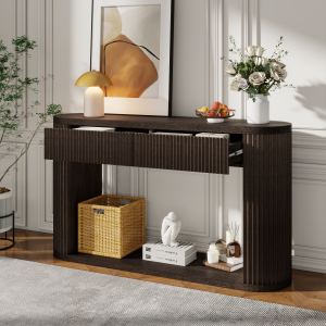 Table console ovale TREXM 2 tiroirs fond noyer glissières