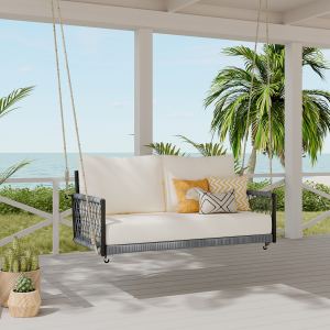 TREXM Balançoire patio corde tressée coussins beige 2 places