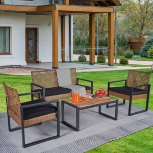 Ensemble 4 meubles patio bois acacia, table noire et brun clair