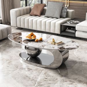 Table à café ovale faux marbre 49,2 po, base acier inoxydable