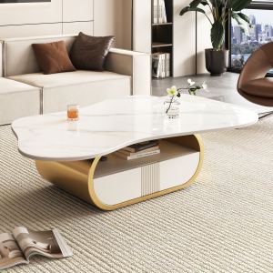 Table café papillon moderne, plateau pierre frittée, base acier inoxydable