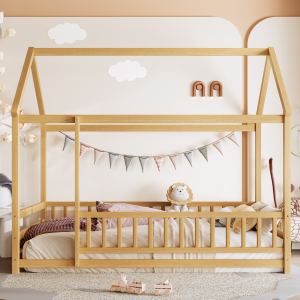 Lit plancher bois jumeaux, toit maison, garde-fou, naturel