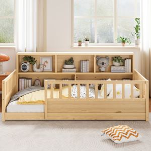 Lit plancher jumeaux bois barrière rangement côté