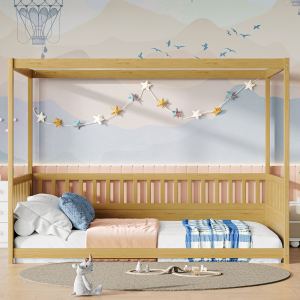 Lit baldaquin grand, 4 colonnes, garde-corps, naturel