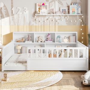 Lit plancher bois barrière garde-fou blanc