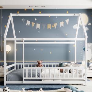Lit maison bois grandeur avec clôture garde-fou