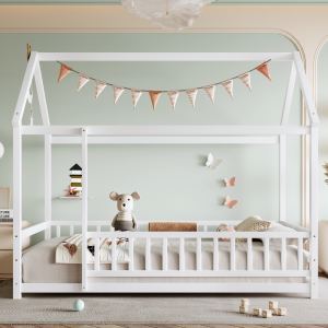 Lit maisonnette jumeaux bois blanc avec garde-fou