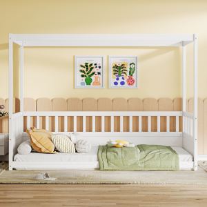 Lit baldaquin lit simple enfants, barres sécurité, 4 colonnes, blanc Montessori