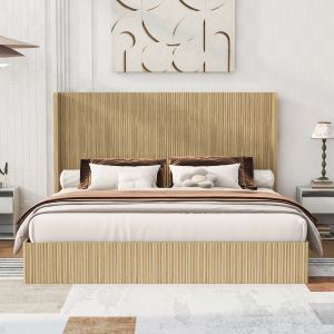 Lit mid-century king dossier wingback haut bois cannelé sans ressort