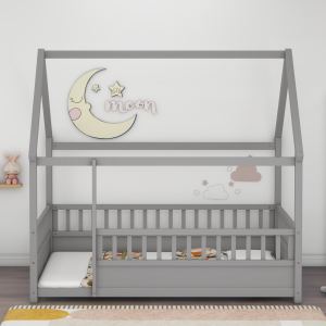 Lit enfant toit bois 1 place gris