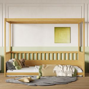 Lit baldaquin jumeau 4 montants barres enfants bois naturel