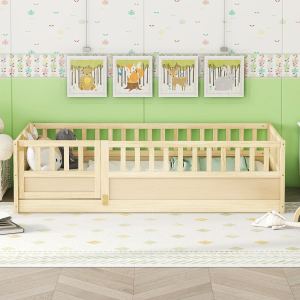 Lit plancher enfant Twin, barrière sécurité, bois naturel