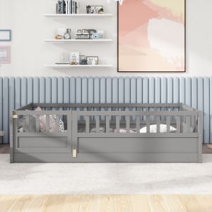 Lit au sol double, barrière sécurité, porte, modèle Montessori
