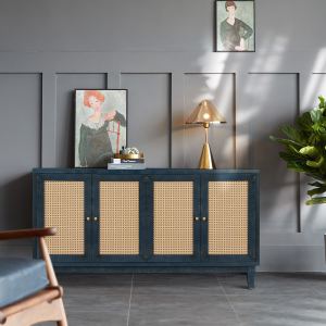 Buffet rotin 4 portes bleu rangement modulable