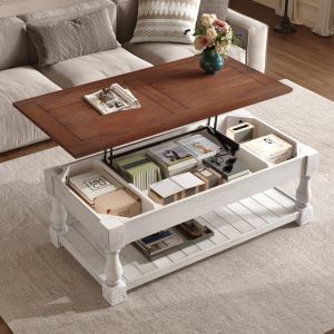Table café relevable rangement espresso blanc vieilli