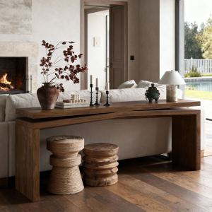 Table console bois 65po, style ferme, couleur brun rustique antique