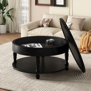 Table basse ronde moderne, rangement dual, noir, 31.5"