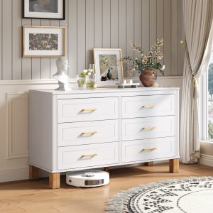 6-Drawer Double Dresser In White, Modern Storage Cabinet With Metal Handles & Solid Wood Legs, Dresser Drawer Organizer For Kids Bedroom, Heavy-Duty Wooden Dresser With Pre-Installed