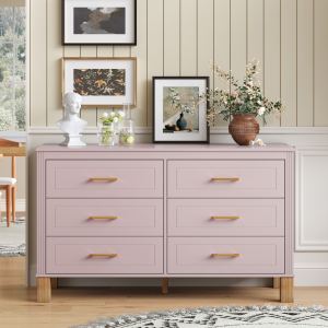 6-Drawer Double Dresser , Modern Storage Cabinet With Metal Handles & Solid Wood Legs, Dresser Drawer Organizer For Kids Bedroom, Heavy-Duty Wooden Dresser With Pre-Installed,Pink