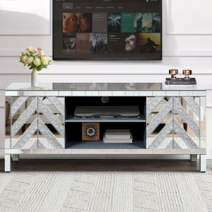 Meuble TV 65po miroir argent portes 59L x 25,2H