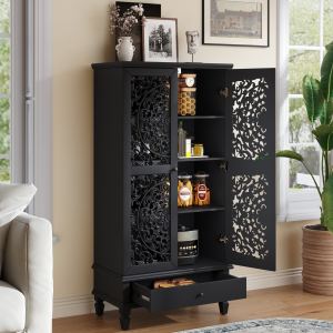 Rustic 55 Armoire Rangement Tall Portes Bois Sculpté Pieds Bois Noir