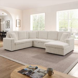 Canapé velours côtelé rayé U-shape, lit sortable beige