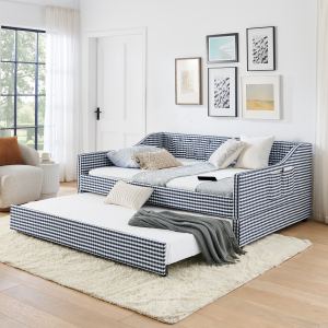 Lit futon complet capitonné, tiroir traîneau, bleu foncé