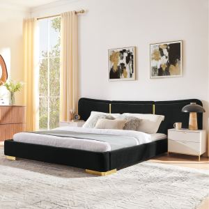 Lit Queen plate-forme tissu chenille noir grand format