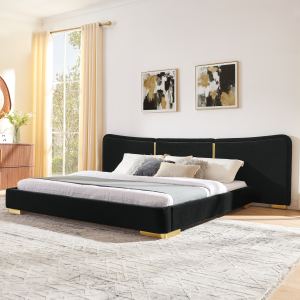 Lit plateforme très grand format grand lit tissu chenille doux, dosseret incurvé, pieds métal électroplaqué