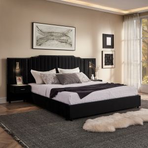Lit King velours rayures verticales sans ressort noir
