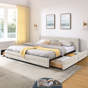 Lit King tissu chenille beige tiroir rangement