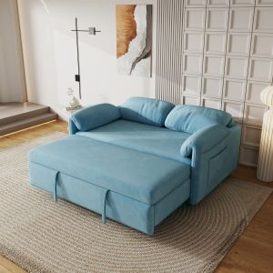 Canapé-lit velours 54po bleu rétractable, gemme salle séjour polyvalente
