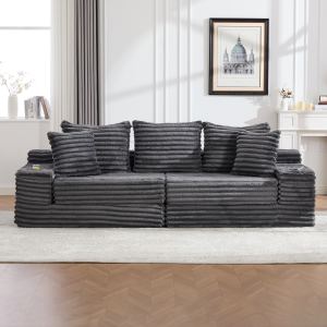 Oversized Boneless Four Seats Sofa With Cup Holder And Side Pockets, Upholstered Corduroy Sofa Bed Cloud Couch With 3 Pillows, 2 Lumbar Pillows.Living Room, Bedroom,No Assembly ,Breathable Material