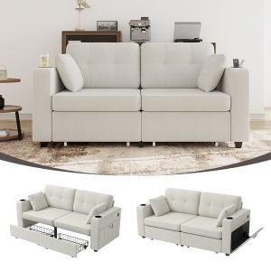 Canapé 3 places, USB, cadre bois, rangement, tissu chenille