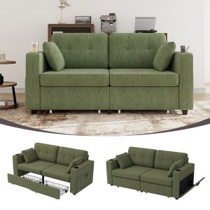 Canapé 3 places, USB, cadre bois, rangement, tissu chenille