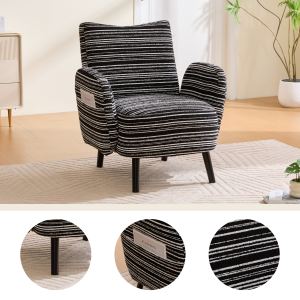 Fauteuil moderne tissu sablé, poche rangement, pieds bois, confortable