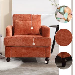 Fauteuil bois cadre accent, chaise lounge mi-siècle, chenille orange
