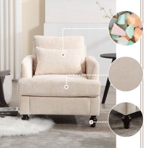 Fauteuil cadre bois moderne, chaise accent salon, tufté beige chenille