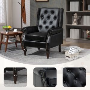 Fauteuil accentuation bois moderne pieds, cuir PU noir