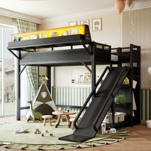 Lit mezzanine Twin XL glissoire, étagères, penderie, ports USB LED