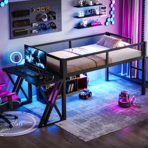 Lit mezzanine gamer Twin XL bureau LED USB escalier noir